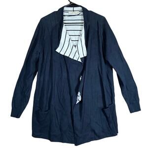 Ann Taylor LOFT Womens Sweater Navy Blue Striped Open Draped Cardigan Stretch L